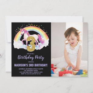 Invitation 3e Rainbow Unicorn photo d'anniversaire