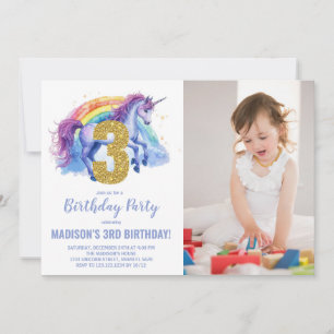 Invitation 3e Rainbow Unicorn photo d'anniversaire