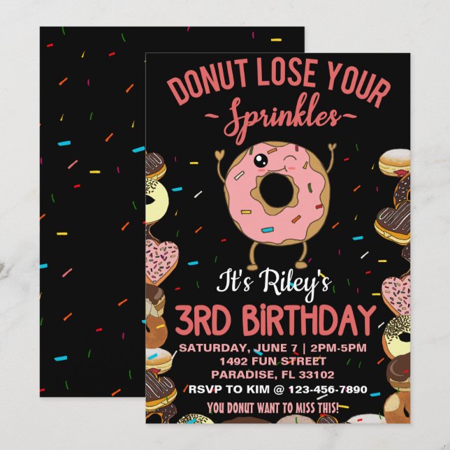 Invitation 3ème anniversaire Thème Donut Drôle Citation (Devant / Derrière)