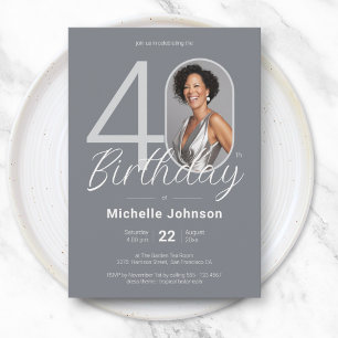 Invitation 40 ans, élégante photo personnalisée argent blanc 