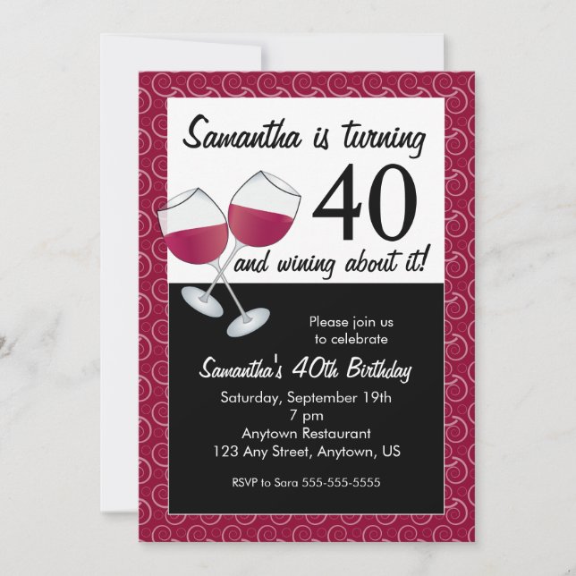 Invitation 40 ans et Wining, fête d'anniversaire du vin rouge (Devant)