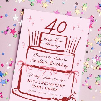 Invitation 40 ans Gâteau contemporain funky rose dessiné à la