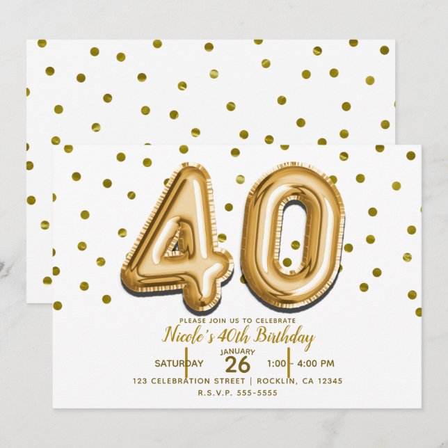 Invitation 40 Ballons d'or & Confetti 40e fête d'anniversaire (Devant / Derrière)