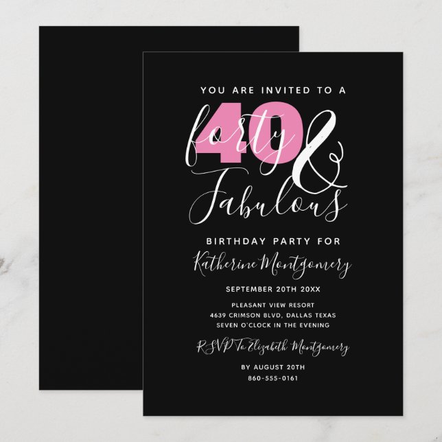 Invitation 40 Et fabuleux Elégant 40ème Anniversaire (Devant / Derrière)