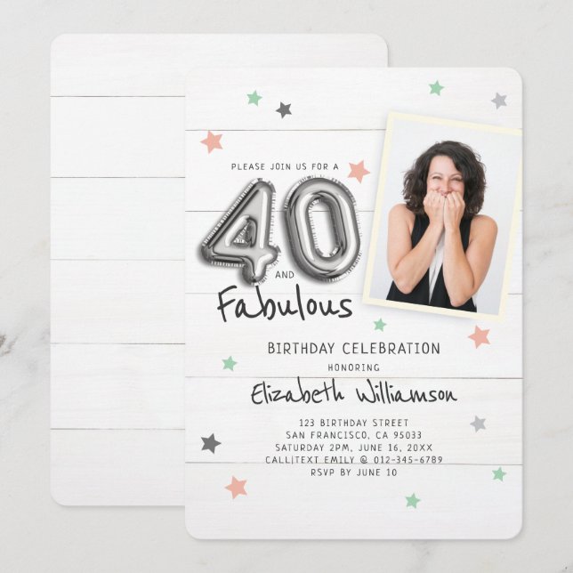 Invitation 40 et fabuleux Foil Balloon Stars Photo Anniversai (Devant / Derrière)