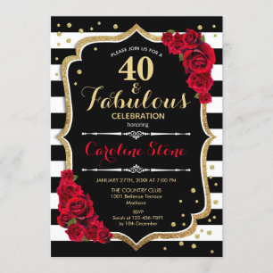 Invitation 40 Fabuleux anniversaire - Rose noir blanc rayures