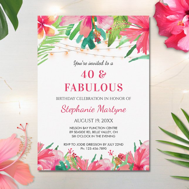 Invitation 40 & Fabuleux Anniversaire Tropical Lights Hawaiia (Créateur téléchargé)
