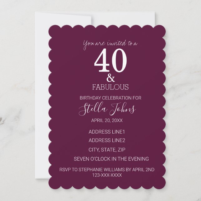 Invitation 40 Fabuleux Anniversaire violet fronton haché pers (Devant)