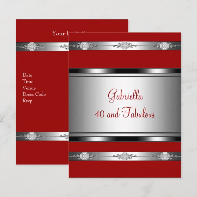 Invitation 40 & Fabuleux bijou d'argent rouge Trim fête d'ann (Devant / Derrière)
