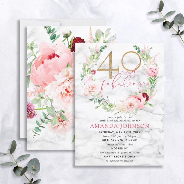 Invitation 40 & Fabuleux Marbre Floral Rose & Or Anniversaire (Créateur téléchargé)