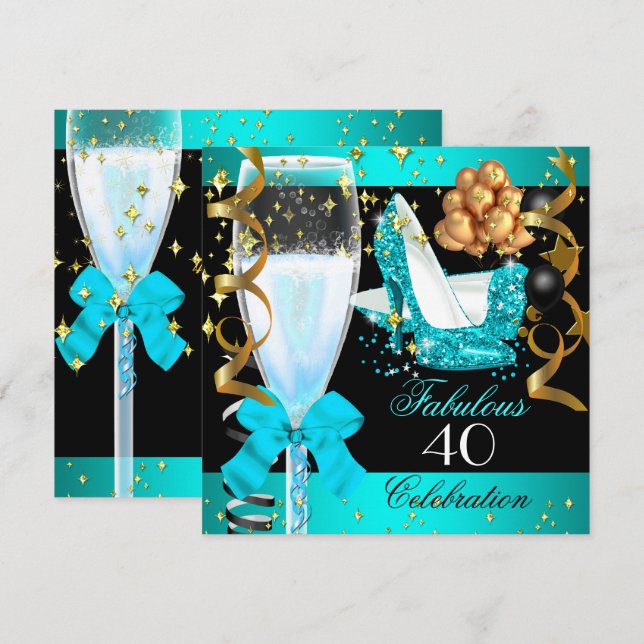 Invitation 40 Fabuleux Turquoise Blue Gold 40e fête d'anniver (Devant / Derrière)
