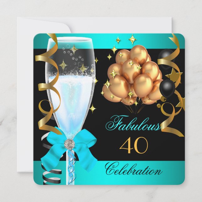 Invitation 40 Fabuleux Turquoise Blue Gold 40e fête d'anniver (Devant)