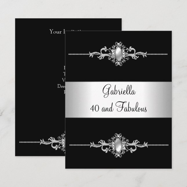 Invitation 40 & Fabulous Black Silver Trim fête d'anniversair (Devant / Derrière)