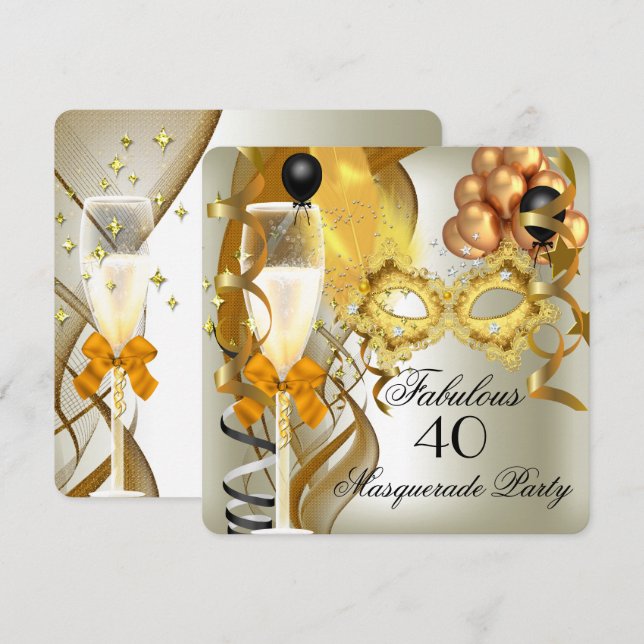 Invitation 40 & Fabulous Gold Cream Black Masquerade Party (Devant / Derrière)