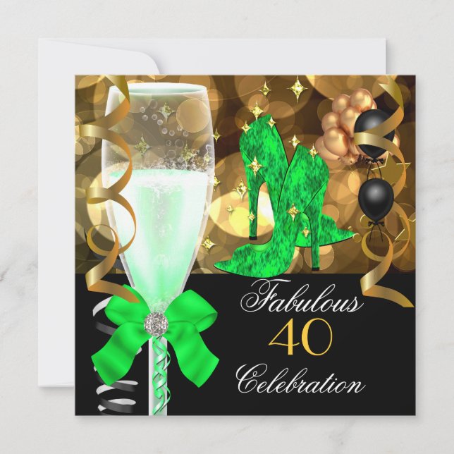 Invitation 40 & Fabulous Lime Green Black Gold fête d'anniver (Devant)