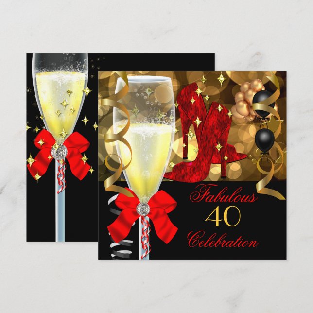 Invitation 40 & Fabulous Red Black Gold fête d'anniversaire (Devant / Derrière)
