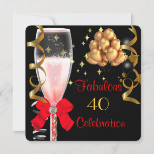 Invitation 40 & Fabulous Red Black Gold fête d'anniversaire