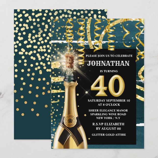 Invitation 40 jalon vin mousseux parties scintillant or bleu (Devant / Derrière)