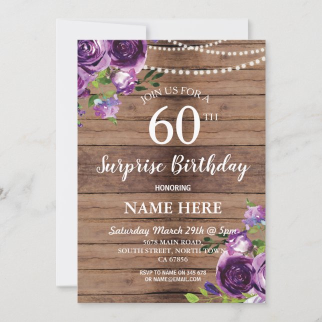 Invitation 40e 50e 60 Surprise Anniversaire fête Purple Wood (Devant)