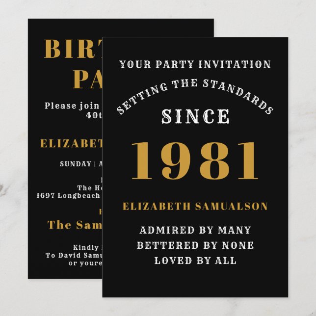 Invitation 40e anniversaire 1981 Black Gold personnalisée pou (Devant / Derrière)