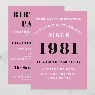 Invitation 40e Anniversaire 1981 Rose Noir Personnalisé Pour