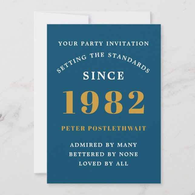 Invitation 40e anniversaire 1982 Blue Gold Elegant Chic (Devant)