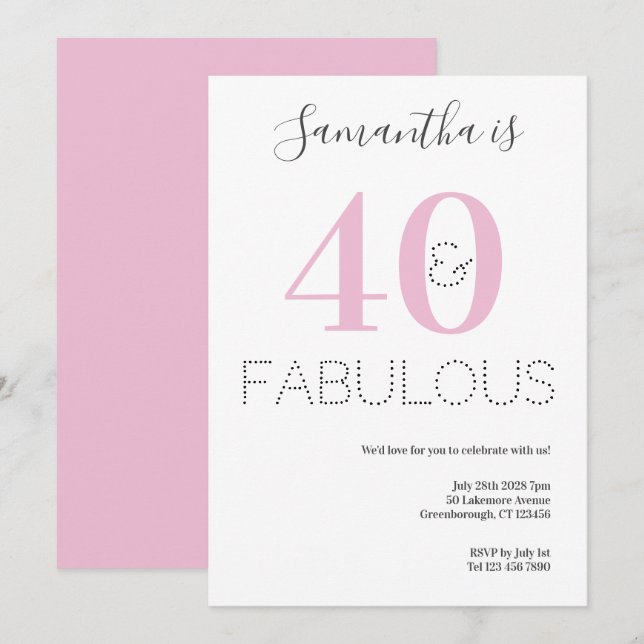 Invitation 40e anniversaire 40 et Fabulous Pink Party (Devant / Derrière)