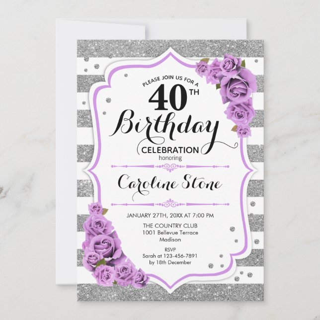 Invitation 40e anniversaire - Argent blanc rayures Roses viol (Devant)