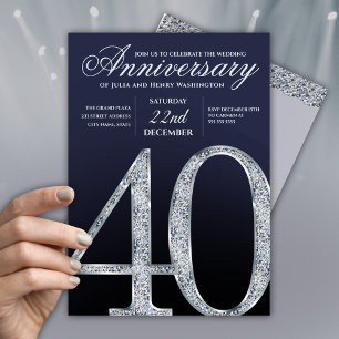 Invitation 40e Anniversaire Argent Navy Moderne Bleu
