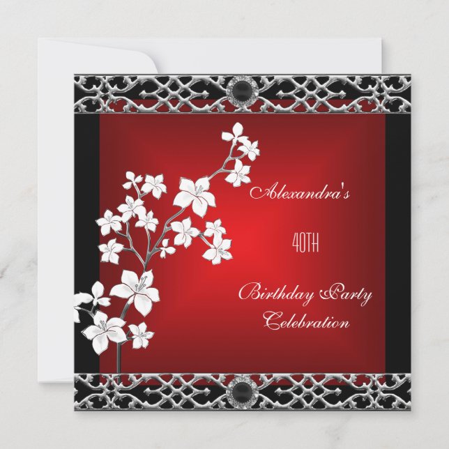Invitation 40e anniversaire Asiatique Rouge Noir Floral Argen (Devant)
