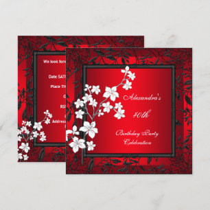 Invitation 40e anniversaire Asiatique Rouge Noir Floral Argen