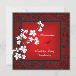 Invitation 40e anniversaire Asiatique Rouge Noir Floral Argen