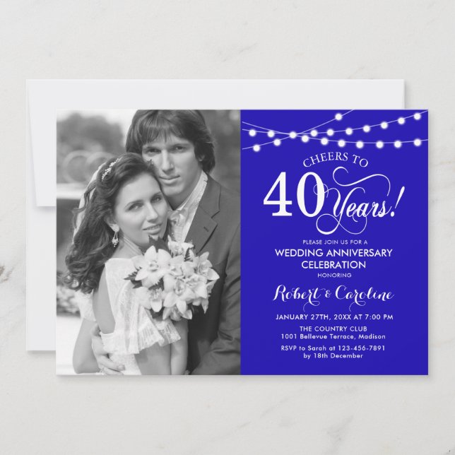 Invitation 40e anniversaire avec photo - Bleu saphir (Devant)