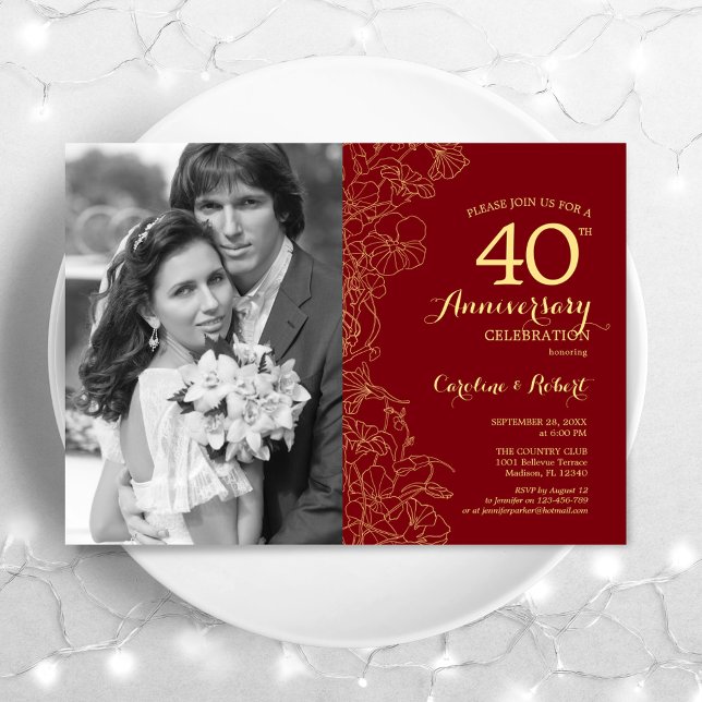Invitation 40e Anniversaire Avec Photo Floral Rouge Rubis Or (Créateur téléchargé)