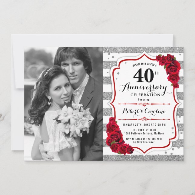 Invitation 40e anniversaire avec photo - Rouge rubis argent (Devant)