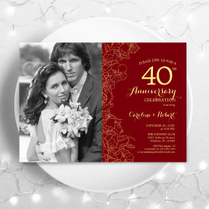 Invitation 40e anniversaire avec photo rouge rubis or floral