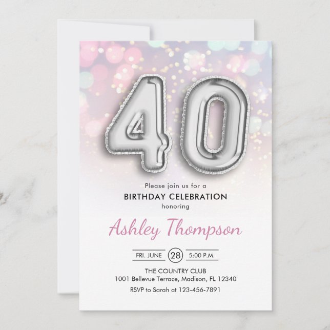 Invitation 40e anniversaire - Ballons d'argent Lumières rose (Devant)