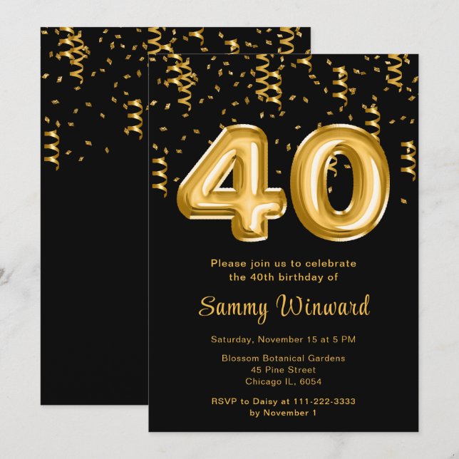 Invitation 40e anniversaire Ballons d'or avec Confetti (Devant / Derrière)