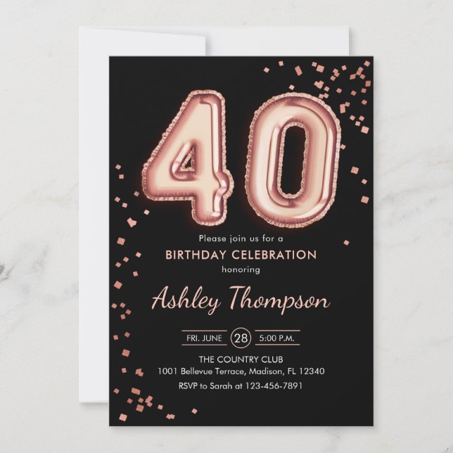 Invitation 40e anniversaire - Ballons d'or Rose Noir (Devant)