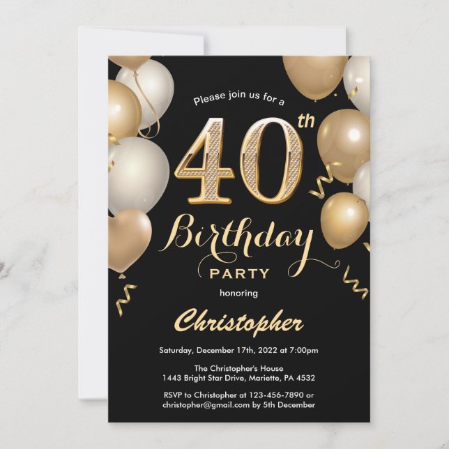 Invitation 40e anniversaire Ballons Noir et Or Confetti (Devant)
