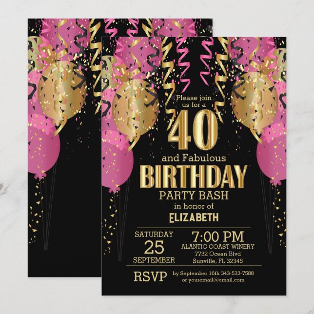 Invitation 40e anniversaire - Ballons roses (Devant / Derrière)