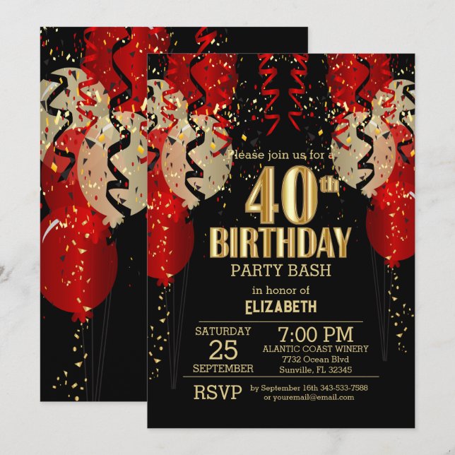 Invitation 40e anniversaire - Ballons rouges (Devant / Derrière)