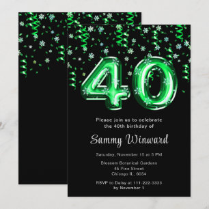 Invitation 40e anniversaire Ballons verts Snowflake Confetti