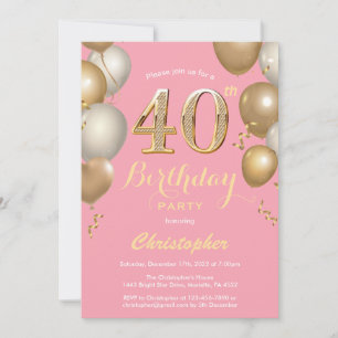 Invitation 40e anniversaire Balloons rose et or Confetti