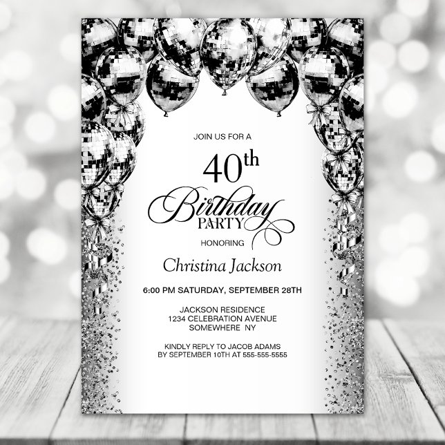 Invitation 40e anniversaire Black and White Balloons Party (Créateur téléchargé)