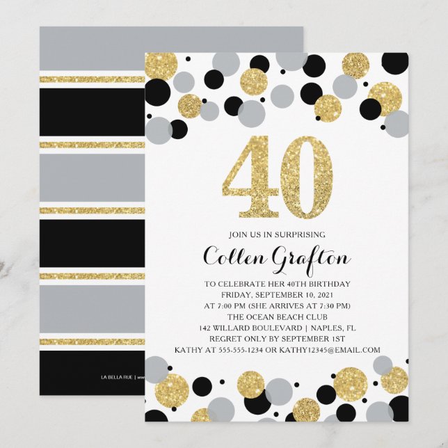 Invitation 40e anniversaire Black Gold Gris Parties scintilla (Devant / Derrière)