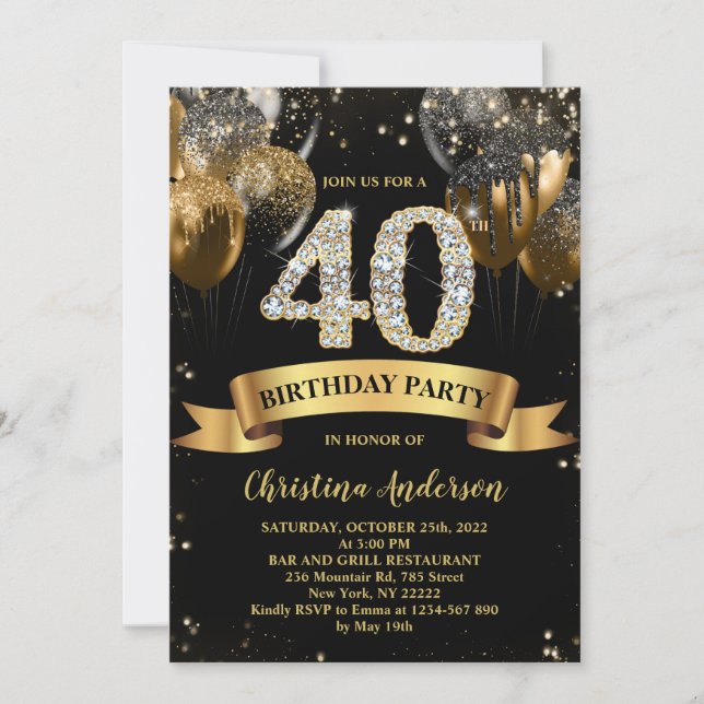 Invitation 40e anniversaire Black Gold Parties scintillant Ba (Devant)
