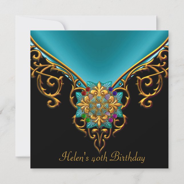 Invitation 40e anniversaire Black Turquoise Bijou en or bleu (Devant)