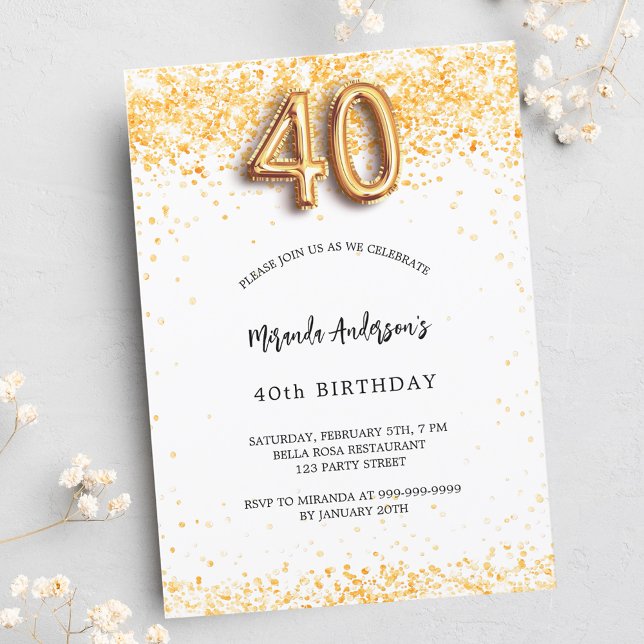 Invitation 40e anniversaire blanc confetti élégant luxe (Créateur téléchargé)
