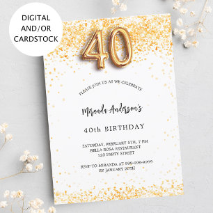 Invitation 40e anniversaire blanc confetti élégant or